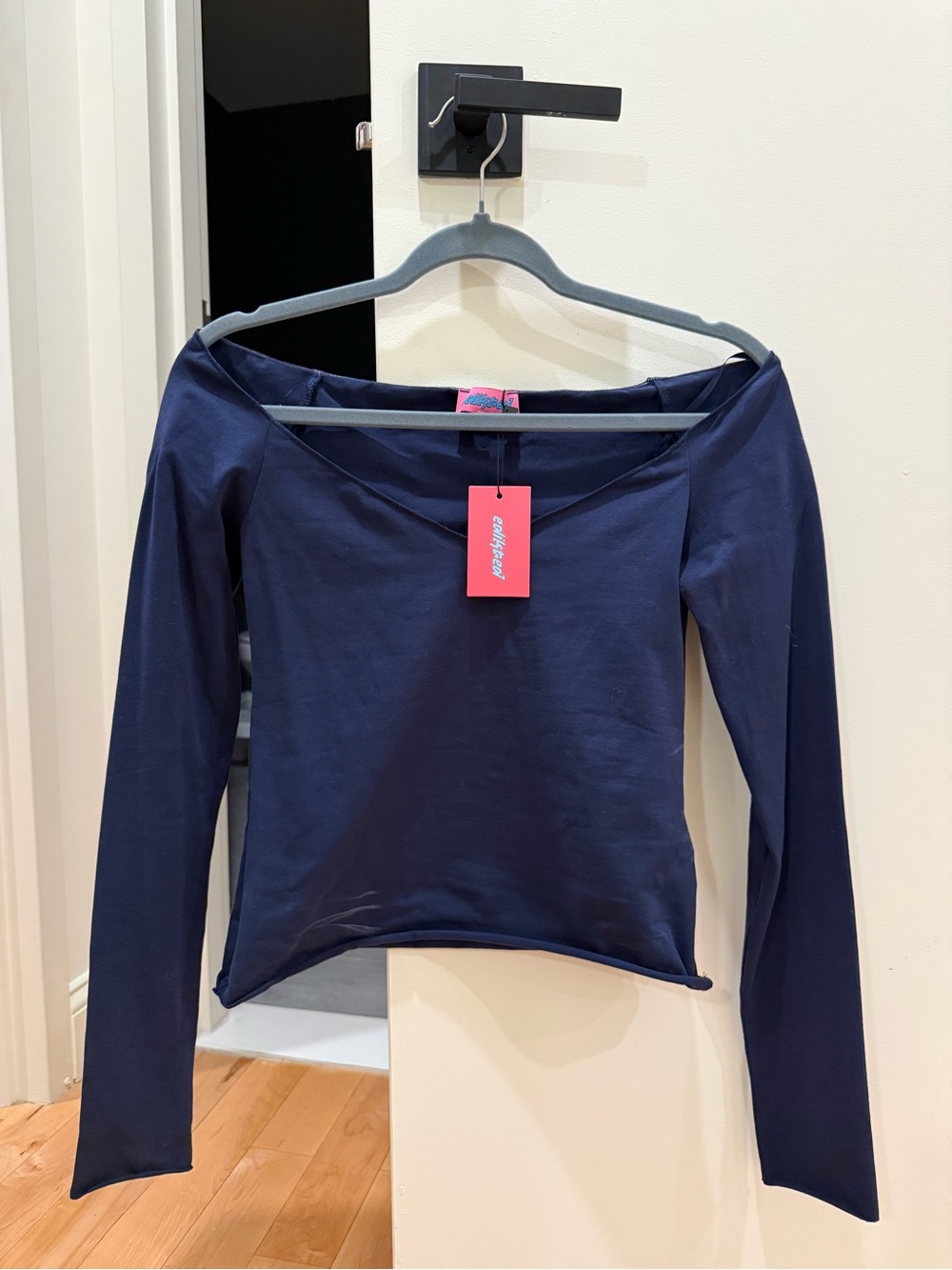 Edikted Off-Shoulder Long Sleeve Top in Navy